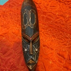 African‎ Tribal Style Wall Face Mask Hand Carved Wood Metal Clad Face Etching